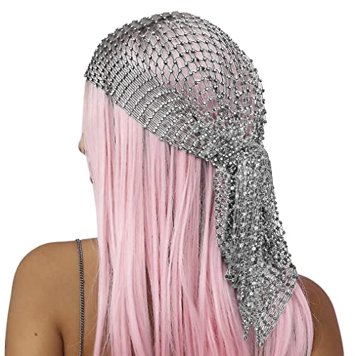Bling Hollow Headdress Veil Cap Fishnet Elastic Headband with Rhinestone Hollow Mesh Headpiece Hair Hoop Crystal Turban Cap Shining Flapper Head Wrap Head Scarf Hair Accessories for Women Girl - Image 4