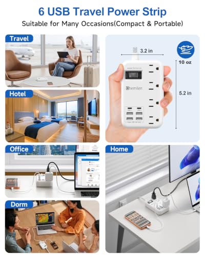 Protector de viaje con 6 USB (2 USB C), 4 tomas, cable de extensión de 1.22 m 13A miniatura 6