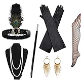 Wit & Work 6 Stück 1920er Damen Flapper Zubehörset mit Feder Flapper Stirnband, Ohrringen, Perlenkette, Handschuhen, Strümpfe und Great Gatsby Requisiten für Halloween Party and Kostüme Cosplay