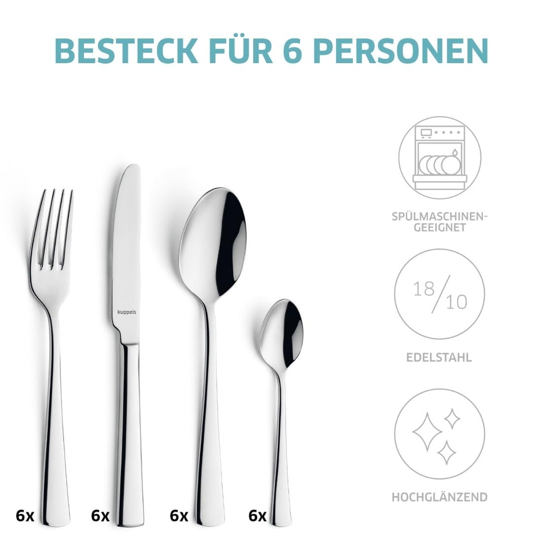 Kuppels Besteck-Set FLAIR 24-teilig, 18/10 Edelstahl hochglanzpoliert | Wellenschliff-Messer, spülmaschinengeeignet, rostfrei und mit harmonisch gerundetem, elegantem Design