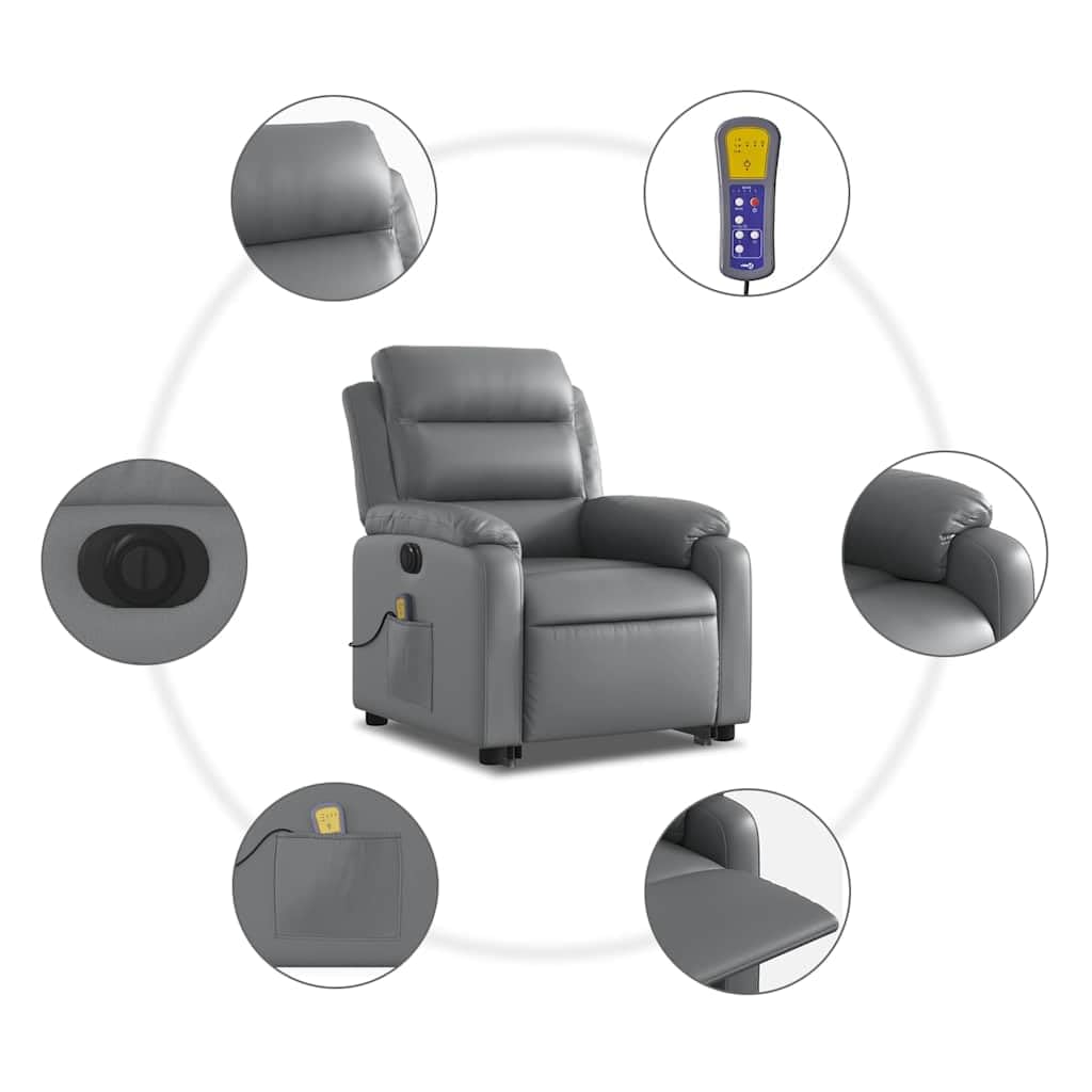 Sillón elevador eléctrico reclinable con masaje por vibración, gris de piel sintética, 6 puntos de masaje, función elevación e inclinación 135°, estructura estable,
