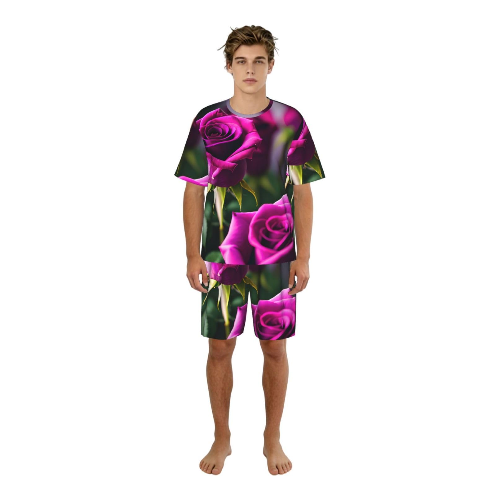 Conjunto de pijama clásico con estampado de rosas moradas para hombre, pantalones cortos de pijama suaves para hombre, perfecto para las noches de verano