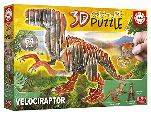 Educa Puzzle 3D Créature Vélociraptor | Assemblez Votre Propre Dinosaure en 3D de 55 cm de Long et 26 5 cm de Haut. 64 Pièces en Carton Recyclé. Images Photoréalistes | A partir de 19382 - vue 4
