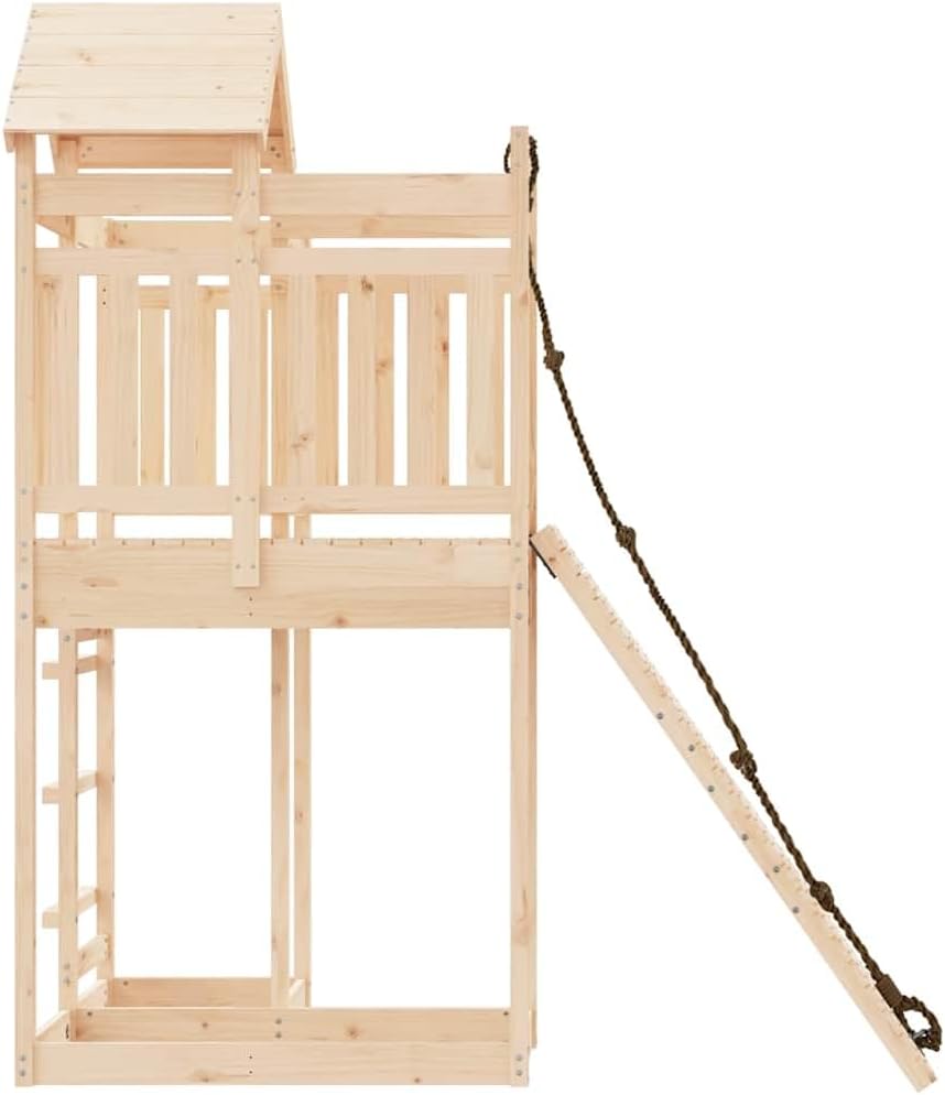 Solid Pine Wood Playhouse with Climbing Wall and Safety Railings, 4-Piece Outdoor Wooden Play Set for Kids Aged 4-8, Durable Backyard Playhouse for Imaginative Play