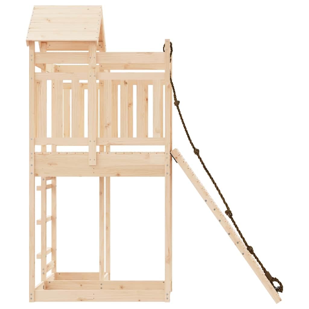Torre da gioco in legno di pino massiccio con parete da arrampicata e sabbiera per giardino e terrazza, giocattolo da giardino per bambini con scivolo, altalena, arrampicata e dondolo