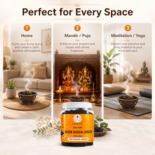 Image of VAMERO Vaidik Guggal Dhoop 200g | with Added Pure Bhimseni Camphor | India's First | for Home, Mandir, Puja, Meditation-Yoga, Office, Shop, Positive | Long Lasting Fragrance | Free Charcoal Tablets