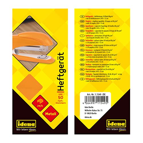 Idena 11549 - Heftgerät 13 cm, inklusive 50 Heftklammern 24/6, orange, für 20 Blatt, 1 Stück