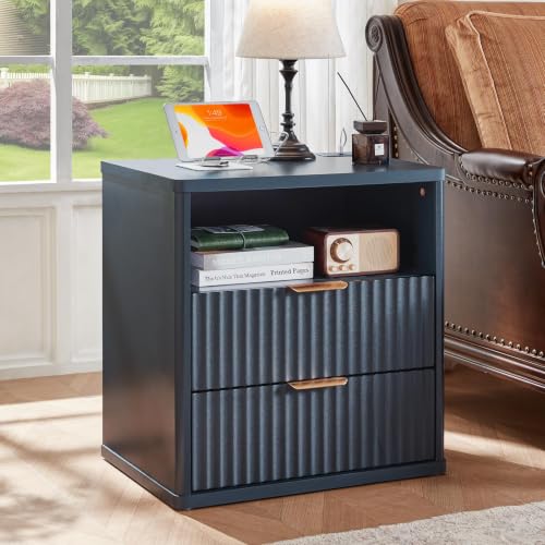 Image of LEYAOYAO Fluted Nightstand with Charging Station, 23 inch Modern Night Stand with Woodgrain Top, 2 Drawer End Table w /Storage, Bedside Tables for Bedroom, Living Room, Curved Profile Design, Blue