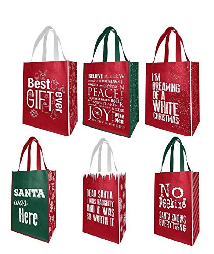 Earthwise Reusable Grocery Gift Bags Holiday Xmas Designs - Large & Medium Size - 6 Assorted Designs (Pack of 6)