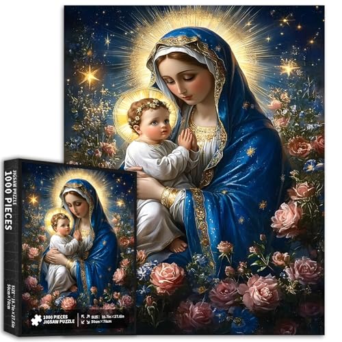 Vierge Marie tenant le bébé Jésus – Casse-tête de 1 000 pièces pour adultes – Puzzle de christianisme Theotokos – 68,6 x 50,8 cm – Jeux...