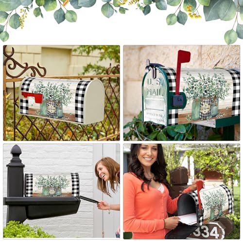 Image of Tiamon Summer Eucalyptus Jar Mailbox Covers Magnetic Black and White Plaid Letter Box Wrap Standard Size 21x18 Inch Welcome Jar Mailbox Decor Farmhouse Post Box Decoration for Outdoor Garden Yard