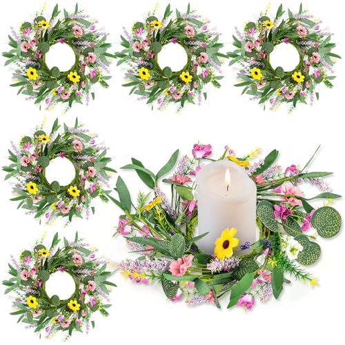 Image of 6 Pcs Spring Summer Artificial Flowered Wreath Mini Floral Wedding Candle Rings Wreaths 3inch Kitchen Cabinet Swags Wreath Pillar Candle Holder for Wedding Spring Summer Home Door Tabletop Decoration