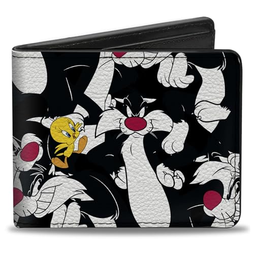 Buckle-Down Men's Looney Tunes Wallet, Bifold, Sylvester and Tweety Poses Scattered Black, Vegan Leather, Multicolor, Standard Size