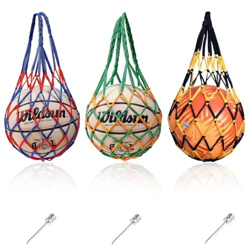 3 Piezas Redes de Pelota con 3 Agujas Inflables, Bolsa de Globo Grande de Malla, Bolsa para Balón, Red Para Balones de Futbol, Bolsa de Nailon Reutilizable Para Pelotas Baloncesto, Fútbol, Voleibol
