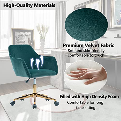 Modern Velvet Home Office Chair, Upholstered Cute Desk Chair With Gold Metal Legs, Adjustable Swivel Task Chair With Wheels, Vanity Chair For Girls Women Small Space Bedroom Study Makeup Dark Green #TOP4