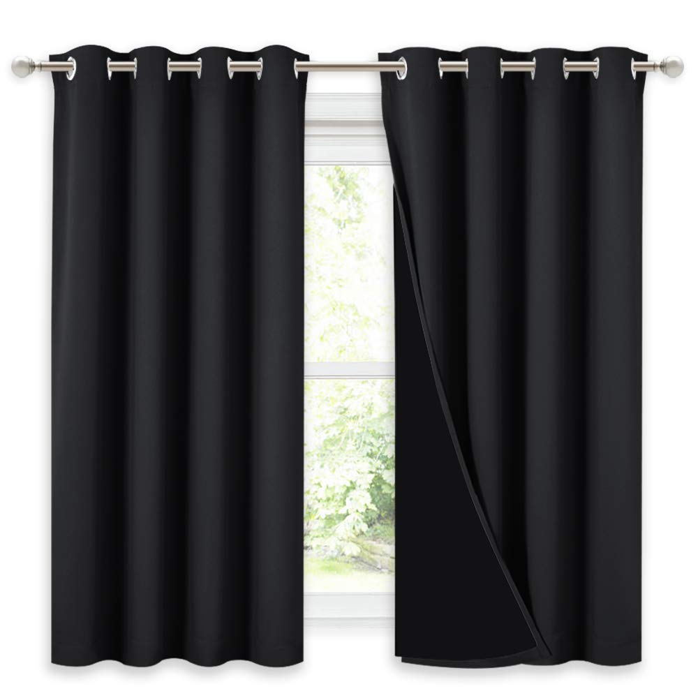 NICETOWN Truly Blackout Curtains 54 inches Length, 2 Thick Layers Completely Blackout Window Treatment Thermal Insulated Lined Drapes for Basement Window (Black, 1 Pair, 52 inches Width Each Panel)
