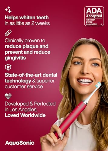 Image of Aquasonic Vibe Series Ultra-Whitening Toothbrush a€ inch ADA Accepted Electric Toothbrush - 8 Brush Heads & Travel Case a€ inch 40,000 VPM Motor & Wireless Charging - 4 Modes w Smart Timer a€ inch Ruby