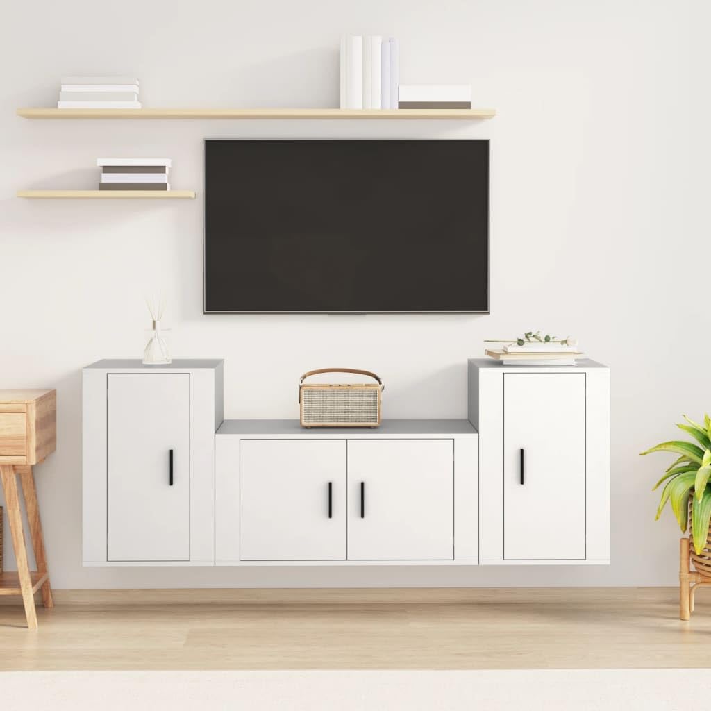 3-TLG. TV-Schrank-Set, Weiß, Holzwerkstoff, Modernes Media-Center für Wohnzimmer, Schlafzimmer, Stabile TV-Konsole, Wandmontage, Reichlich Stauraum