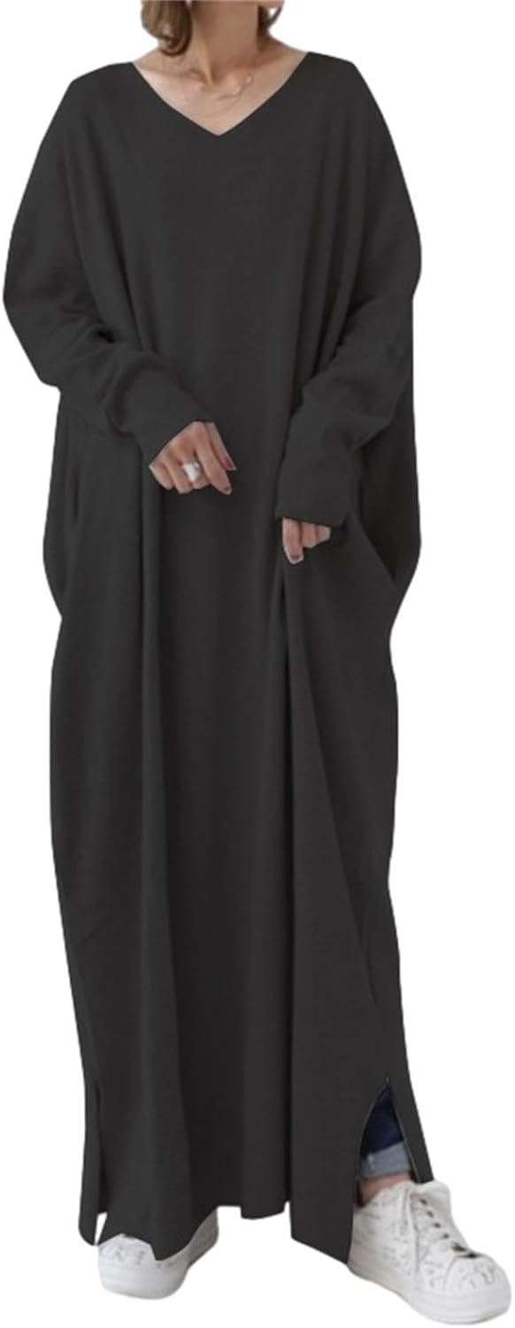 Melliflo Womens Long Sleeve Mock Neck Maxi Dress Solid Color Casual Swing Dresses Fall T Shirt Dress with Pockets