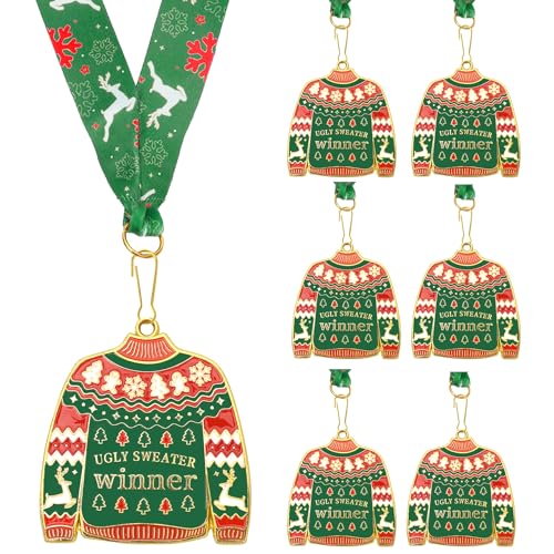 Ugly Christmas Sweater Medal,6 Pcs Ugly Sweater Award Contest Medals with Neck Ribbon,Best Uglies Christmas Sweaters Trophy Award Prizes for Holiday Party Favor Necklace Xmas Tree Ornament Decorations