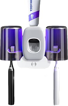 Toothbrush Holder for Bathroom,Bathroom Toothbrush Cleaning Tool with Toothpaste Dispenser USB Charging with 2 Cups White