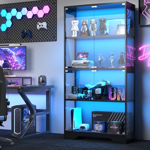 knoworld Display Cabinet with Glass Doors 63 Inch Tall Curio Cabinet with Human Sensor RGB LED Lights 4 Tier Glass Display Case with 15mm Thick Shelves for Action Figures
