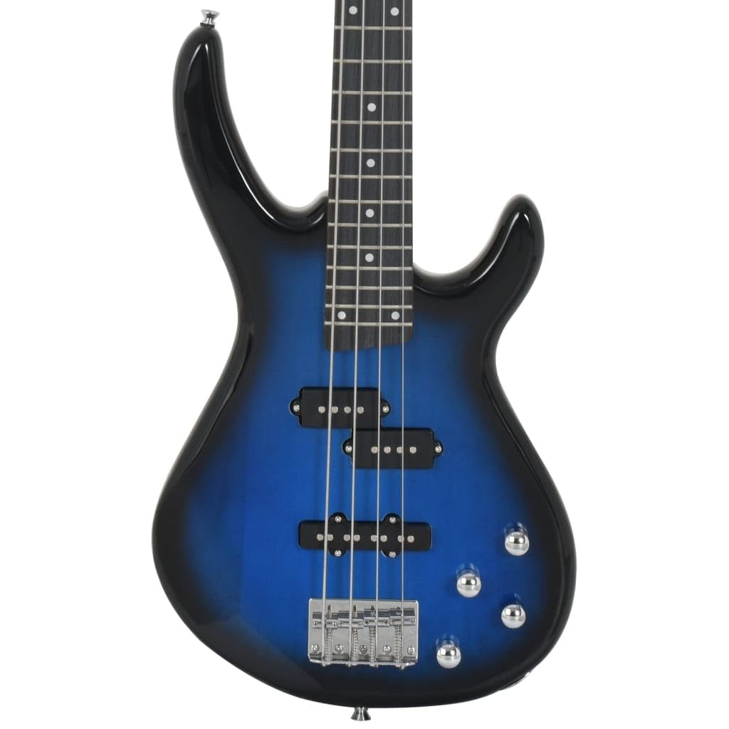 E-Bass für Anfänger 4/4 46 Zoll mit Tasche, Stimmgerät, Plektrum und Gurt, Massives Birkenholz Bassgitarren-Set in Blau Schwarz für Musik Schule Bühne Hobby und Einsteiger