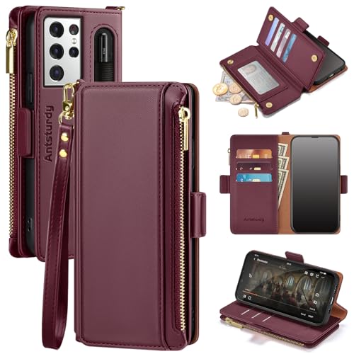 Antsturdy Samsung Galaxy S21 Ultra 5G case Wallet with Card Holder for Women Men,Galaxy S21 Ultra Phone case RFID Blocking PU Leather Flip Shockproof Cover with Strap Zipper Credit Card Slots,Wine Red