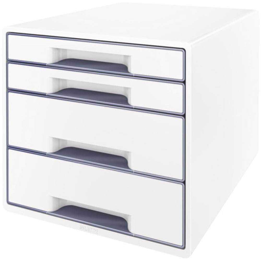 Leitz 4 A4 Drawer Cabinet with Marker Pen and Transparent Tray, Organiser, Wow Range, White/Grey