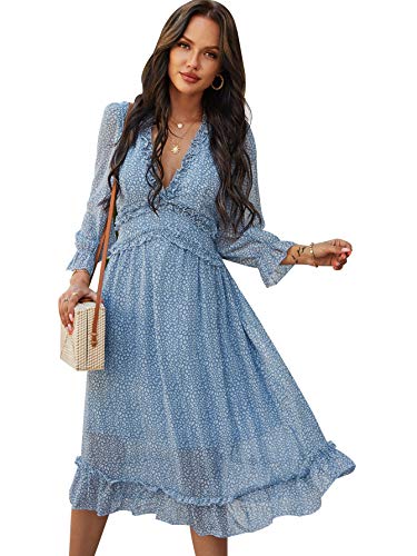 QANSI Womens Casual Female Spring Deep V Neckline Long Sleeve Floral Print Midi Dress Boho Fashion Skater A Line Ruffle Hem Pleated Dresses Blue XL