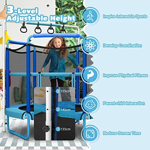 Giantex 60" Trampoline for Kids, Heavy Duty Small Mini Toddler Trampoline with Ring and Horizontal Bar, Adjustable Height, Max Weight 330 lbs, 5 Ft Outdoor Indoor Trampoline for 3-7 Ages 9 51gT+CSk 4L. AC