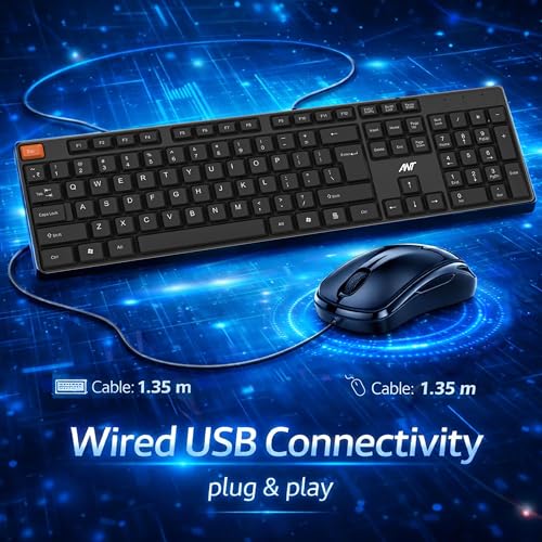 Image of Ant MASTER15 Wired Keyboard and Mouse Combo, 104-Key Full-Size Silent Membrane USB Keyboard & 1000 DPI High-Precision Optical Mouse for Laptop /PC, Ergonomic Lightweight Design, Plug & Play - Black
