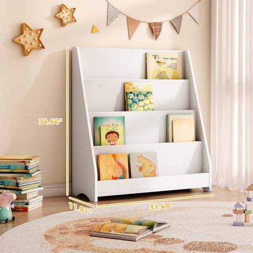 Image of Tatub 4 Tier Kids Wooden Bookshelf, Toddler Sling Bookcase Montessori Bookshelf, Children Front Facing Book Shelf for Nursery, Playroom and Classroom, White