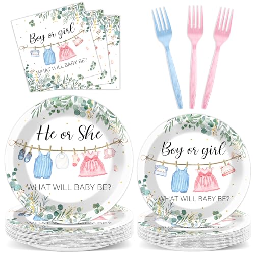 Image of 96Pcs Greenery Gender Reveal Party Decorations for Boy or Girl Baby Shower Plates Napkins Tableware Gender Reveal Disposable Baby Clothes Theme Plates He or She Paper Party Supplies for 24 Guests