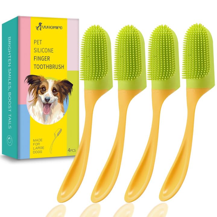 Lager Dog Finger Toothbrush, Non-slip with handle, extra-large Designed for Large Dogs. Clean Your Dog's Teeth and Prevent Bad Breath. Dog Toothbrush Finger with Soft Bristles. Yellow &amp; Green-4 Pcs