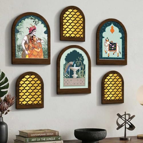 Image of Jharokha MDF Mirrors Home Decoration Items | Traditional Wall Decor Items for Living Room | Mirror Wall Hanging | Home Decor Items for Bedroom Office Set of 6 (9x12 inch & 7.5x9.5 inch)