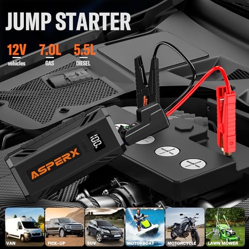 ASPERX Jump Starter Power Pack(Up to 7L Gas/5.5L Diesel), Car Battery Booster Jump Starter with Jump Leads,LED Flashlight &1.4 INCH LCD Display,Jump Pack for 12V Vehicles Pickup SUV Motorcycle - Image 2