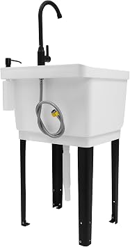 Small Utility Sink Space Saving Laundry Tub 20" W x 19" D x 33" H Laundry Sink with Faucet & Soap Dispenser Freestanding Shop Sink for Laundry Room, Garage, Pet Wash Station White