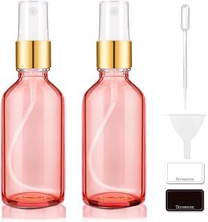 Glass Spray Bottles for Essential Oils, 4 oz Small Empty Refillable Sprayer Container with Golden Top, Labels, Funnel, Lids, Pipettes - Pocket Size 2 Pack - Pink