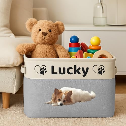 proautocss Personalisierte Aufbewahrungskorb für Hundespielzeug, Spielzeug Aufbewahrung mit dem Namen und Foto,Personalisierte Hunde Artikel, zum Ordnen von Kleidung Schuhen und Haustierzubehör