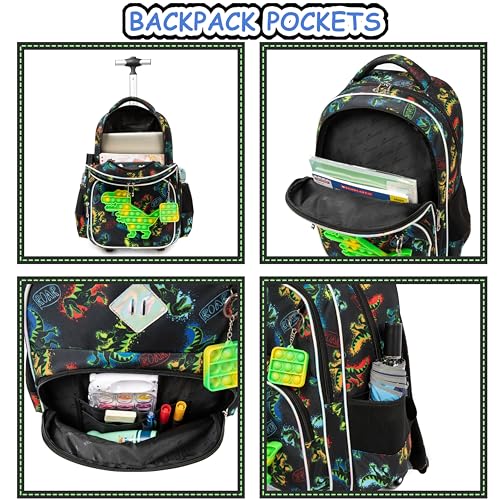 Rolling Backpack for Boys 8-12 with Lunch Box Dinosaur Kids Backpack with Wheels for Travel Boys Rolling Backpack for Kids Trolley School Bag with Wheels3