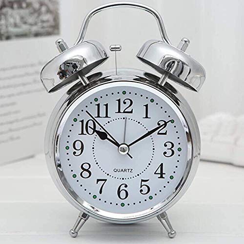 Image of Vintage Classic Twin Bell Table Top Alarm Clock, Silver, with LED Night Light Display, for Bedroom, Adults, Kids and Students