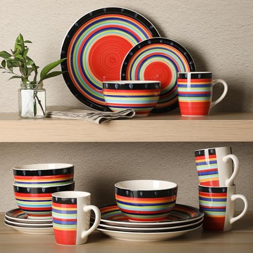 Image of Gibson Home Festival Rings 16-Piece Stoneware Dinnerware Set - Colorful Hand-Painted Plates, Bowls & Mugs, Service for 4, Dishwasher & Microwave Safe Vibrant Tableware