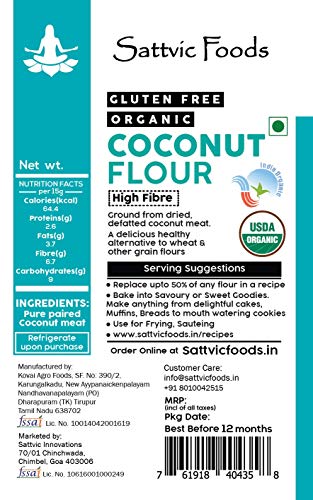 Image of Sattvic Foods Coconut Flour (250 g) | Certified Organic, Keto-Friendly, Gluten-Free, Defatted, Unrefined | High Fibre & Healthy Fats, Low Carb | Perfect for Baking Bread, Cakes, Pies & Tortillas