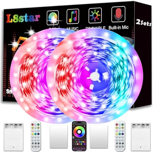 Kiko Battery Powered Led Strip Lights, 2x16.4Ft (32.8Ft),Two Sets of Strip Light with 4 AA Battery Box/USB RGB LED Lights, Remote and APP Control