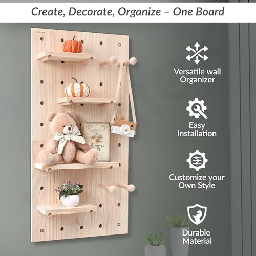 Image of Plantex Multipurpose Pine Wall Mount Wood Pegboard For Home /Wood Display Shelf /Wall Organizer For Bedroom /Kitchen /Bathroom - (32X16 Inches)