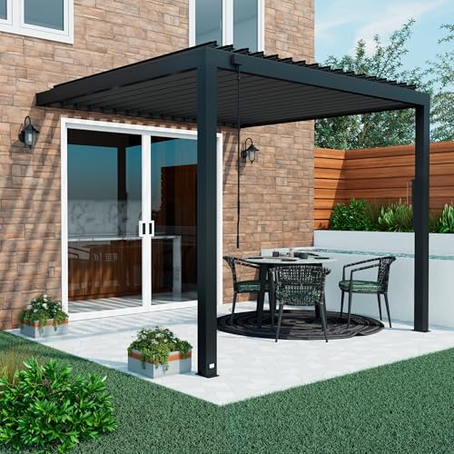 Image of Backyard Discovery Evanston 10'x10' Galvanized Steel Wall-Mounted Louvered Pergola Kit with Adjustable Roof, Shade, Rain Protection, High-Wind Rating, PowerPort, Gutter System for Outdoor Patio, Deck