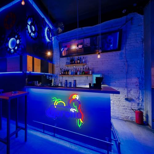 Image of Coron Neon Sign Parrot Neon Lights for Bar Decor, Palm Tree Beer Lights Bar LED Neon Sign Dimmable Light Up Signs Man Cave Home Pub Beer Gift Neon Lamp (Blue)