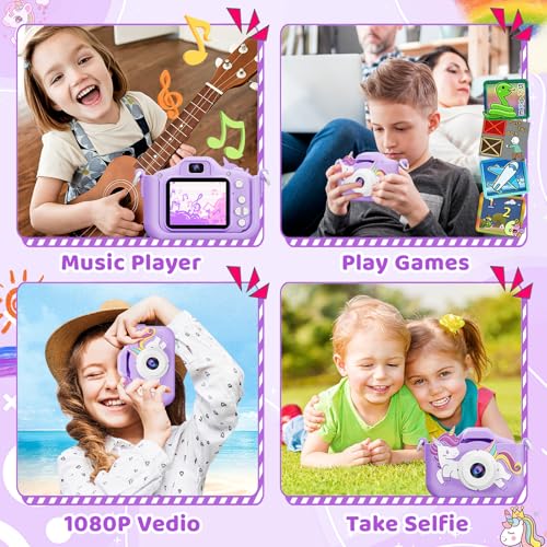Kids Camera, Toys for Age 3-9 Year Old Toddler Digital Camera, Girls Christmas Birthday Gifts, Selfie Camera with Cartoon Soft Silicone Cover and 32GB Card (Violet) by Puoene - Image 2