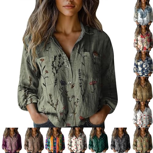 S-5XL Boho Tops for Women Long Sleeve Vintage Retro Floral Print Blouses Ladies Vintage V Neck Button Down Shirts
